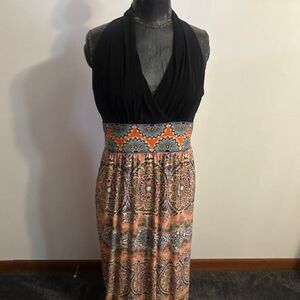 London Style Black bodice Paisley print bottom maxi halter dress, size 16